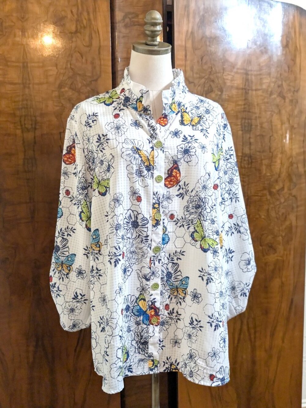 Ali Miles Wired Collar Butterfly Floral Garden Art to Wear Tunic 1X Boho Button - Picture 2 of 9